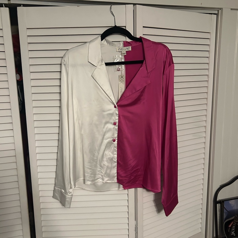 Pink and White Satin Button Down Shirt